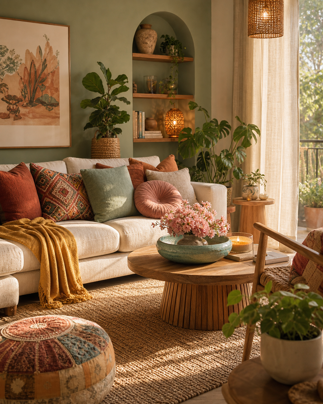 Warmes Wohnzimmer mit Pflanzen, Terracotta, Safran und Türkis