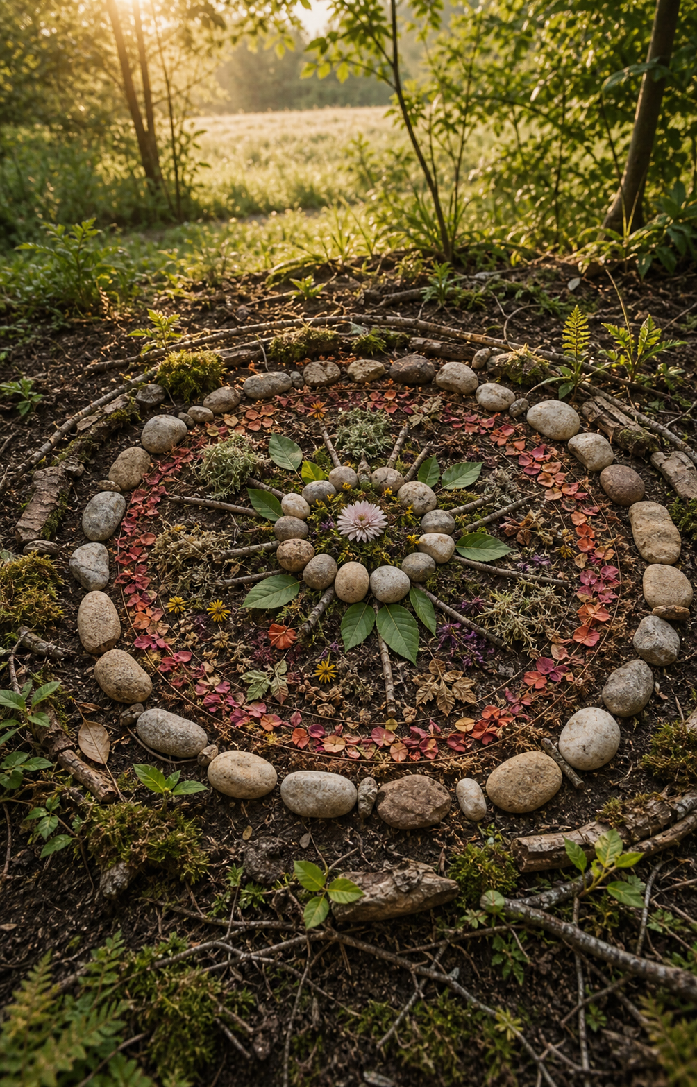 Natürlicher Erdkreis aus Steinen, Blüten und Blättern auf einem Grundstück
