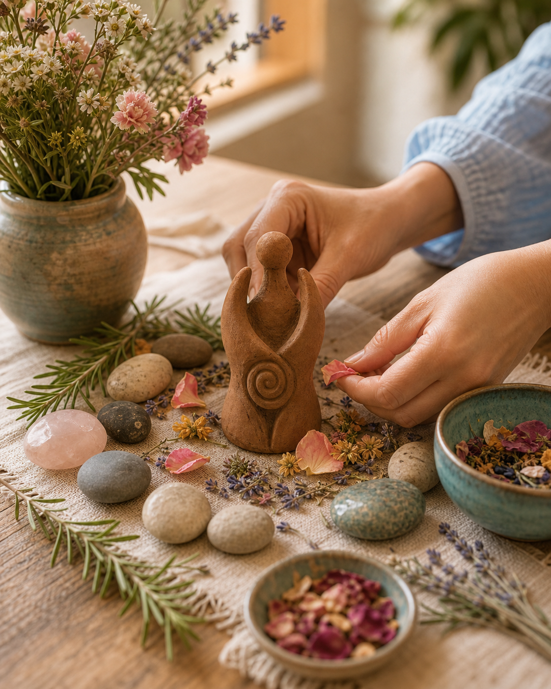 Hände legen Blüten und Kräuter um eine kleine Schutzfigur
